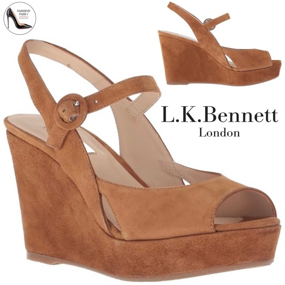 L. K. Bennet Raisa Designer brown tan suede wedge platform ankle strap sandal 40